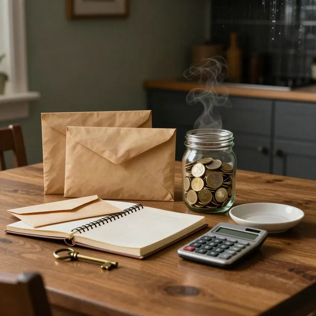 Sobres de ahorro, tarro de monedas y libreta sobre mesa de roble con luz tras la lluvia.