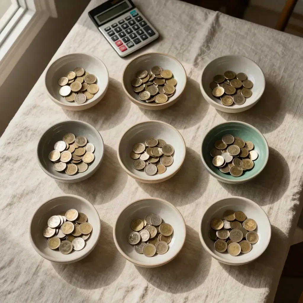 Vista cenital de siete cuencos con monedas y calculadora sobre mantel de lino.