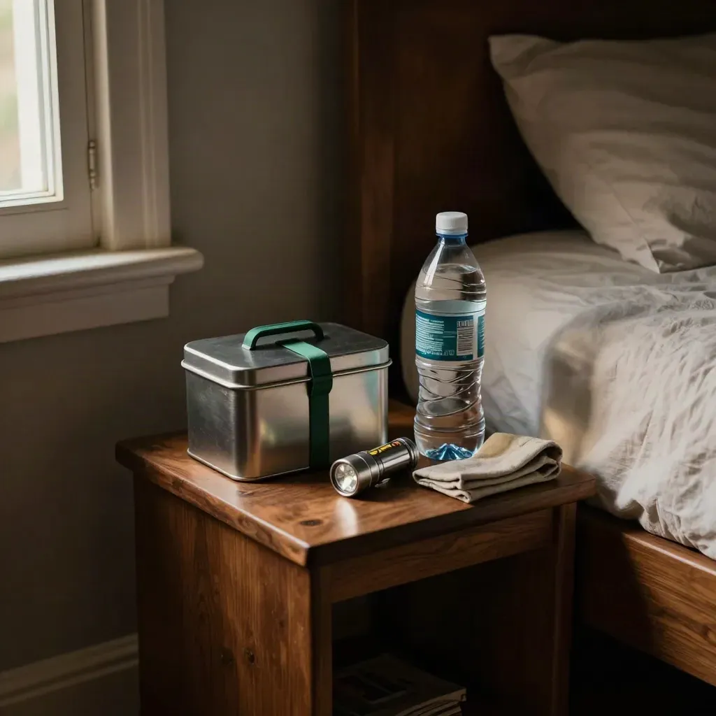 Kit de emergencia junto a la cama con linterna, pilas y agua, en penumbra tranquila.