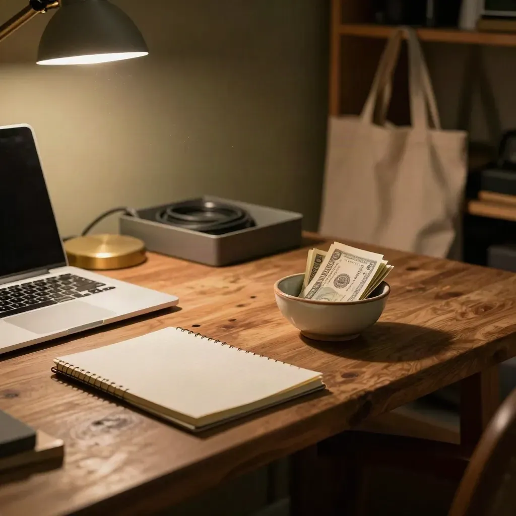 Estudio casero nocturno con portátil cerrado, libreta y cuenco de efectivo sobre mesa de madera.