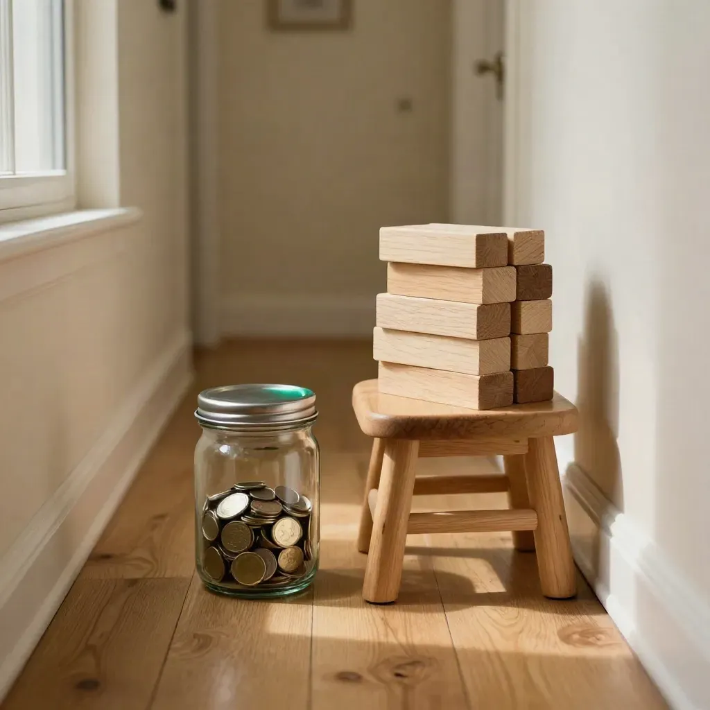 Tarro de monedas infantil junto a un taburete y bloques de madera en un pasillo cálido.