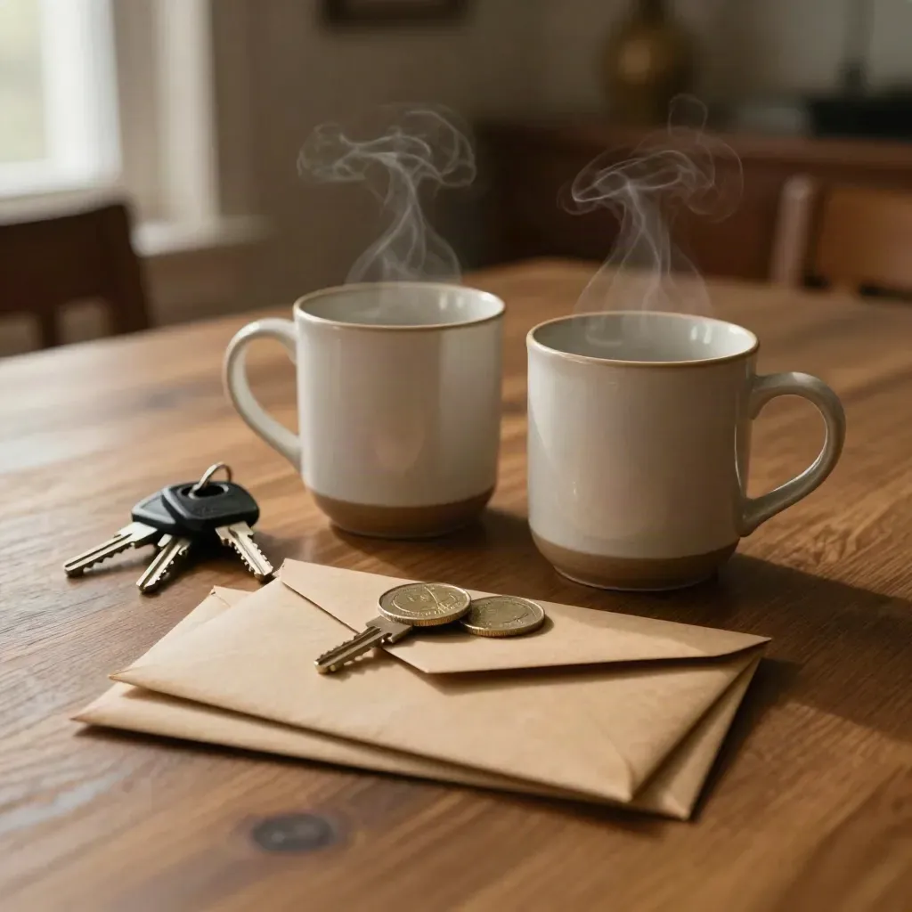 Mesa de comedor con tazas, llaves, sobres de ahorro y un cuenco compartido en luz cálida.