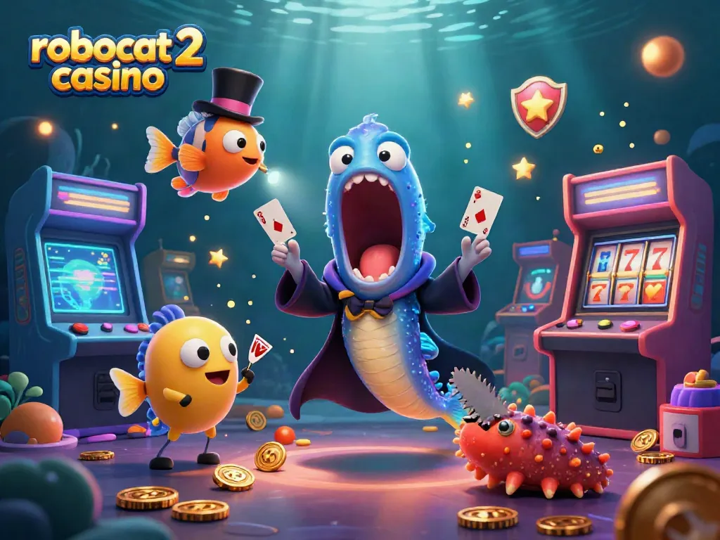 A vibrant illustration of robocat 2 casino features dazzling characters and slot machine elements around a bioluminescent deep-sea eel.