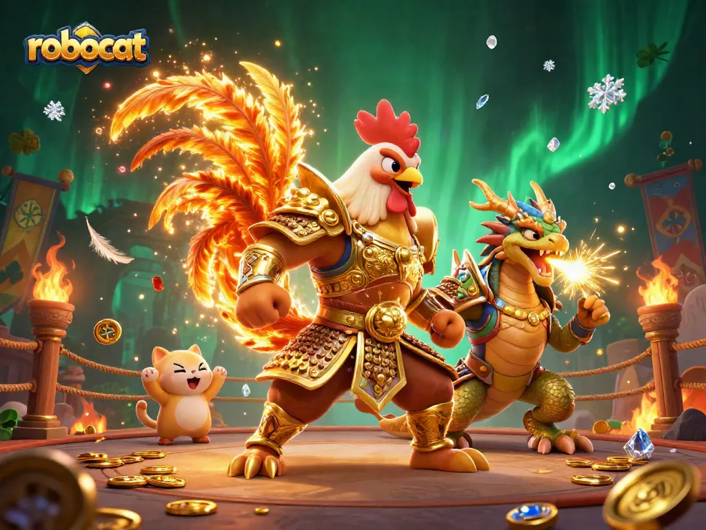 Experience thrilling gameplay at robocat casino with a dynamic illustration of 3D warriors and dragons.