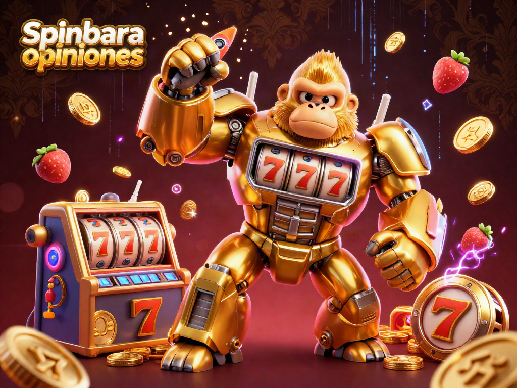 Spinbara opiniones showcased through a vibrant 3D illustration with a slot machine gorilla mech.